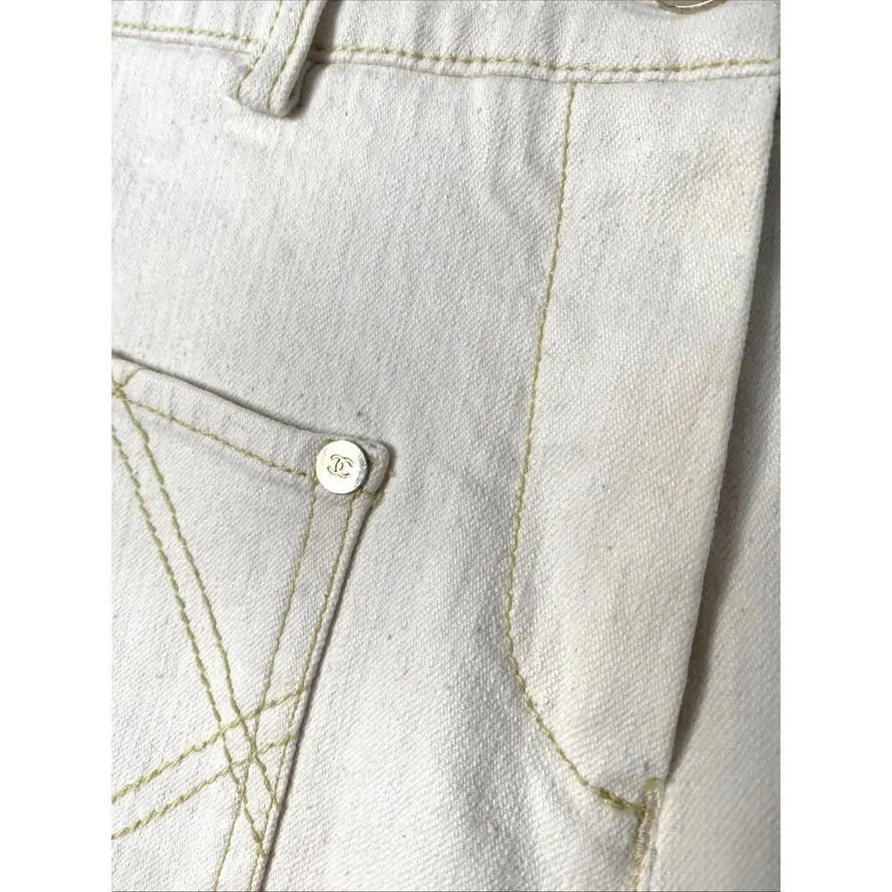 Vintage 07P CHANEL FR-36 Slim Leg Cream Cotton Jeans Pants 2007